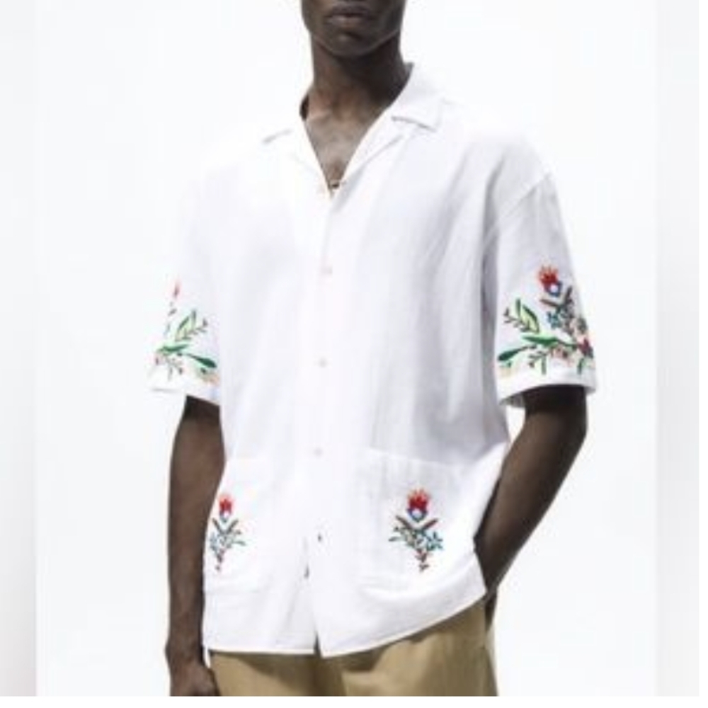 Zara White Casual Button Down Shirt with Floral Embroidery